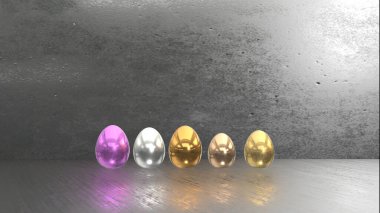 3D rendering. Set gold metallic eggs spin and move on reflection shadow rough floor, Happy easter golden glow text background