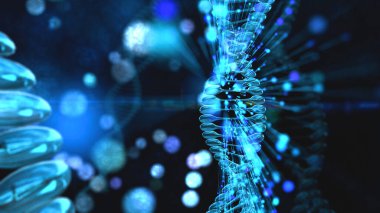 DNA Regeneration helix with depth of field. DNA molecule For visuals, biology, biotechnology, chemistry, science, medicine, cosmetics, motion background, medical dashboard. 3D Rendering.