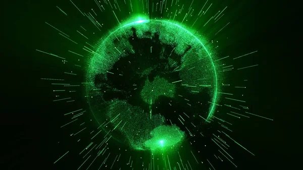 Green particle earth globe rotating and glow light shine beam, big data technology, business and communications concept. 3D Rendering,