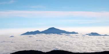 Sri Lanka 'nın orta dağlarındaki beyaz bulutların üstündeki dağların güzel panoramik manzara fotoğrafı..