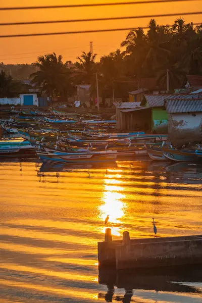 Gün batımındaki sessiz kayıkhane ve köy, sakin sular gökyüzünü yansıtıyor. Balıkçı tekneleri kıyıya yakın sularda huzur içinde dinleniyor.