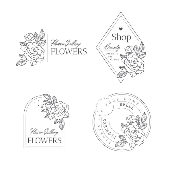 Vector Set Flowers Logos Templates Modern Hand Drawn Line Style — Stockový vektor
