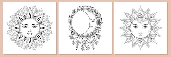 Set Moon Sun Vector Illustration Template Design Line Art Esoteric — Wektor stockowy