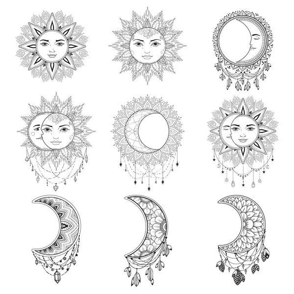 Set Moon Vector Illustration Template Design Line Art Esoteric Symbols — Vettoriale Stock