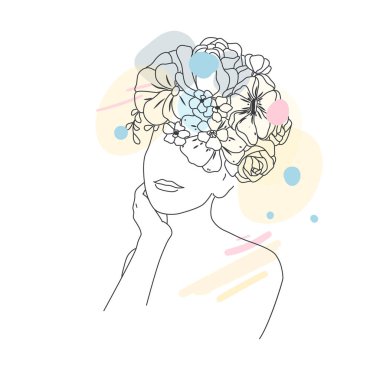 Minimal Line Drawing. Foce Woman Art Flower Images. Girl with flowers color template design. Line Vector illustration.