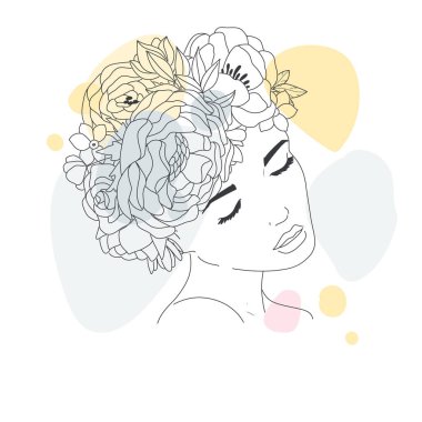 Minimal Line Drawing. Foce Woman Art Flower Images. Girl with flowers color template design. Line Vector illustration.