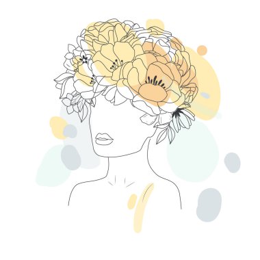 Minimal Line Drawing. Foce Woman Art Flower Images. Girl with flowers color template design. Line Vector illustration.