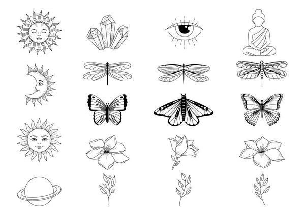 Boho Vector Collection Magic Line Art Dragonfly Butterfly Moon Sun Ilustrație de stoc