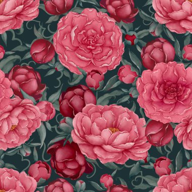Pembe şakayıklar. Güzel çiçekler. Dekor, duvar kağıdı, baskılar ve kumaş tasarımı için kusursuz desenler.