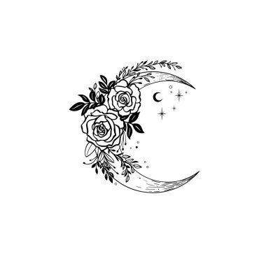 Ay mistik vektör çizimi. Çiçek dövmeli mistik ay. El çizimi vektör illüstrasyonu.