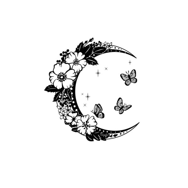 Moon mystic vector illustration. Mystical moon with flowers tattoo. Hand drawn vector illustration.