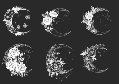 Özel çiçek sembollü ay vektör çizimlerini ayarlar. Bohem Göksel Ay. Mistik esrarengiz sembol. Vektör illüstrasyonu.