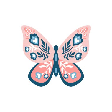 Çiçekli kelebek. Çiçek kompozisyonunda İskandinav tasarımı. İsveç ve Norveç dürtüleri. Vektör illüstrasyonu.