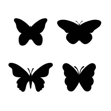Beyaz arkaplanda kelebek vektör silueti kümesi.