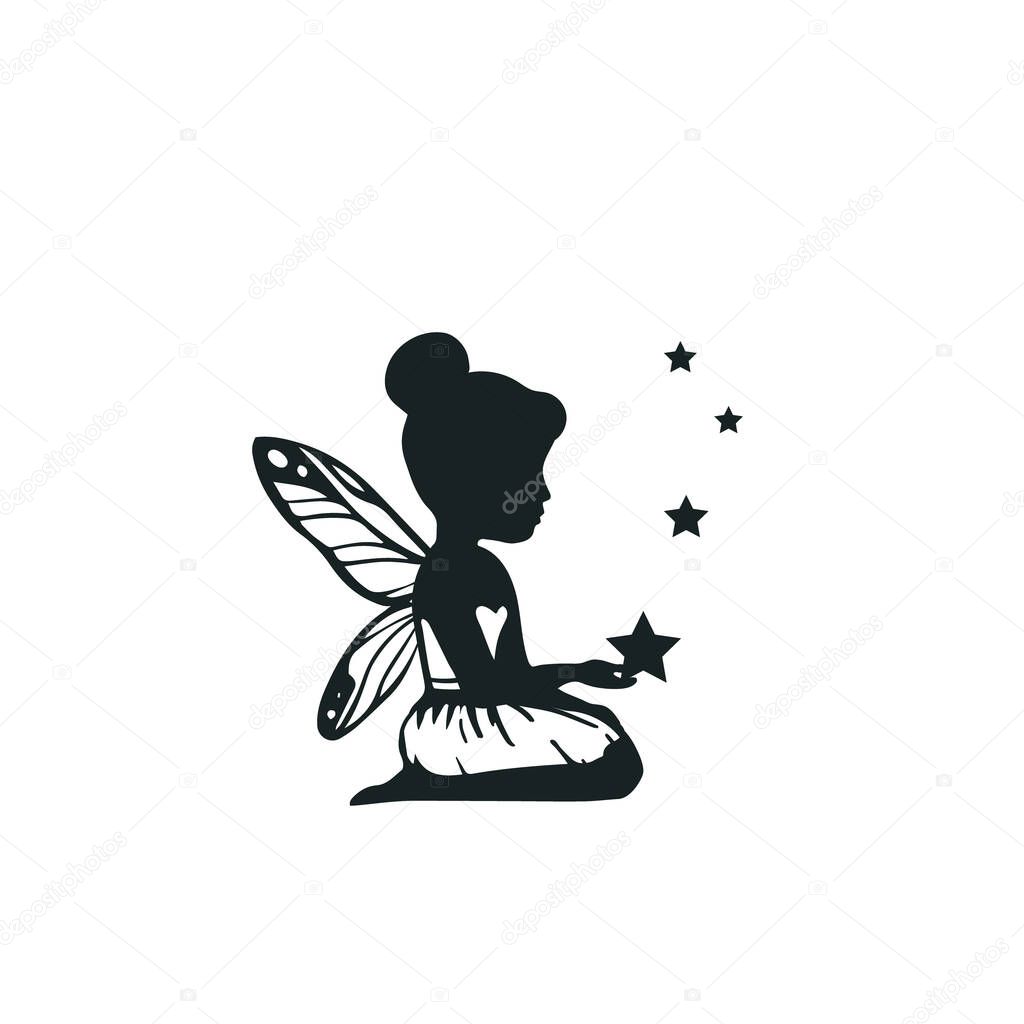 Silhouette fairy with a star vector illustration. Girl with wings simple drawing. Isolated on white background.