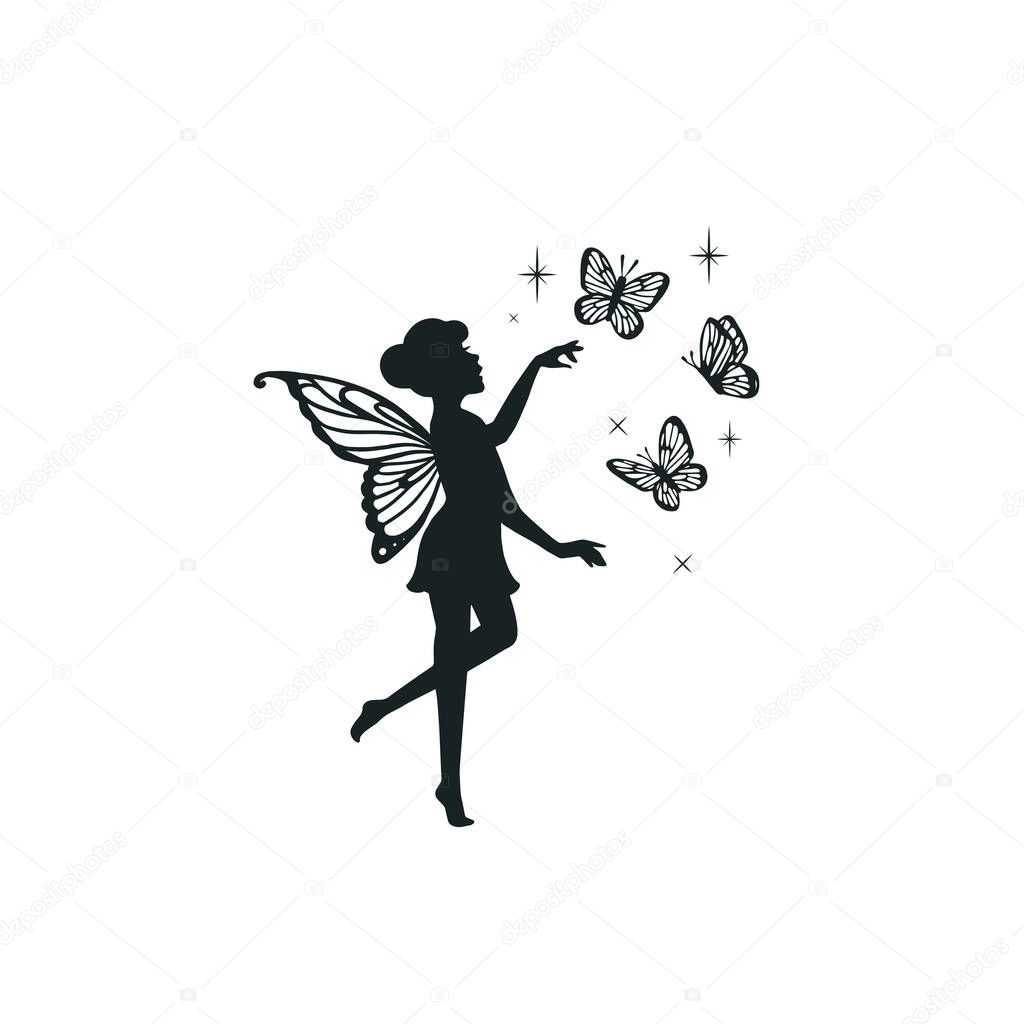 Silhouette fairy with butterfly vector illustration. Girl with wings simple drawing. Isolated on white background.
