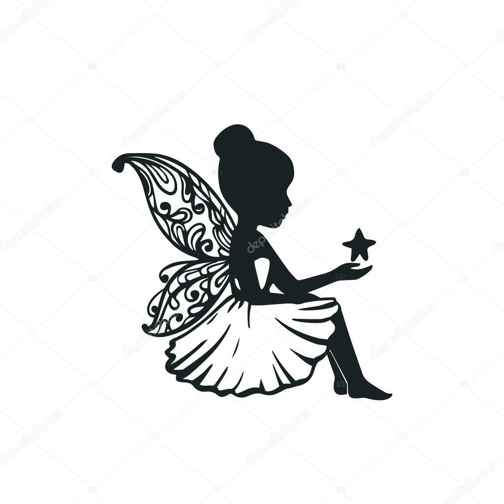 Silhouette fairy with a star vector illustration. Girl with wings simple drawing. Isolated on white background.