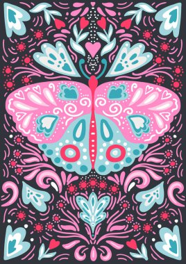 Kelebek ve çiçeklerle süslenmiş. Çiçek kompozisyonunda İskandinav tasarımı. İsveç ve Norveç dürtüleri. Vektör illüstrasyonu.