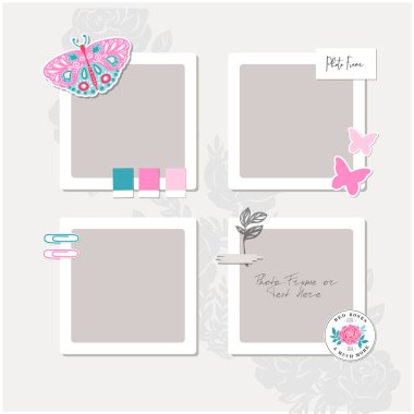 Kaliteli arka planda kolaj fotoğrafı çerçevesi. Çocuk, bebek, aile ya da hatıralar için albüm şablonu. Çizim defteri konsepti, vektör illüstrasyonu