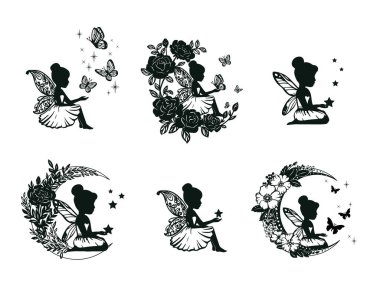 Çiçekli ve aylı bir perinin silueti. Vektör illüstrasyonu beyaz arkaplanda izole edildi.