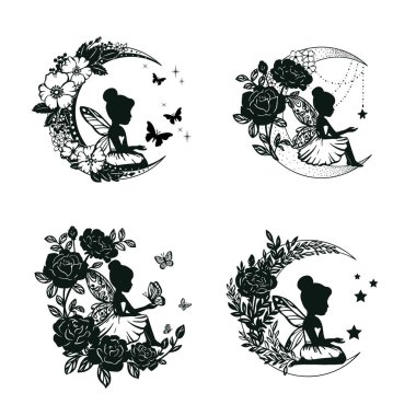 Çiçekli ve aylı bir perinin silueti. Vektör illüstrasyonu beyaz arkaplanda izole edildi.