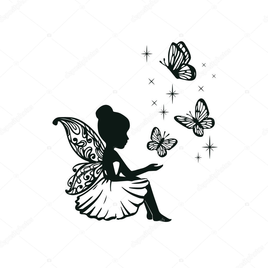 Silhouette fairy with butterfly vector illustration. Girl with wings simple drawing. Isolated on white background.