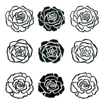 Beyaz arka planda izole edilmiş basit bir gül silueti. Vektör illüstrasyonu farklı ikon gülleri.