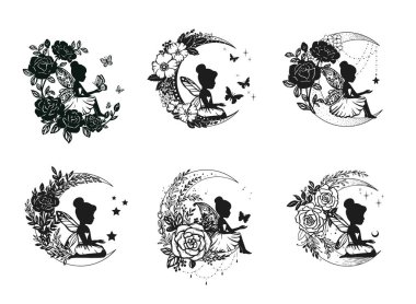 Çiçekli ve aylı bir perinin silueti. Vektör illüstrasyonu beyaz arkaplanda izole edildi.