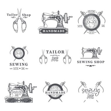 Terzi etiketleri, amblemler ve tasarım elemanları. Terzi ya da dikiş dükkanı. Logo şablon vektör çizimi.