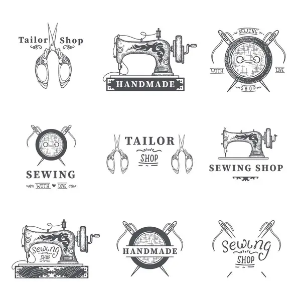 Terzi etiketleri, amblemler ve tasarım elemanları. Terzi ya da dikiş dükkanı. Logo şablon vektör çizimi.