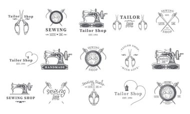 Terzi etiketleri, amblemler ve tasarım elemanları. Terzi ya da dikiş dükkanı. Logo şablon vektör çizimi.