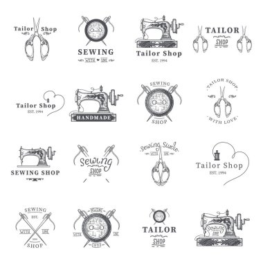 Terzi etiketleri, amblemler ve tasarım elemanları. Terzi ya da dikiş dükkanı. Logo şablon vektör çizimi.