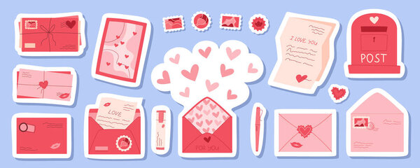 Romantic handmade mail and envelope sticker pack, modern love post card and letter design with heart and kiss, trendy cute mailbox element, flat craft stamps collection, cartoon postcard and pens