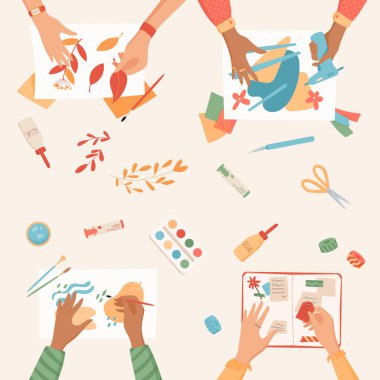 Düz el işi sanat sınıfı geçmişi, yaratıcı el işi üst görünüm illüstrasyonu, eller el işi hobi etkinlik koleksiyonu, renkli çocuklar sosyal medya afişi kavramı yaratıyor.