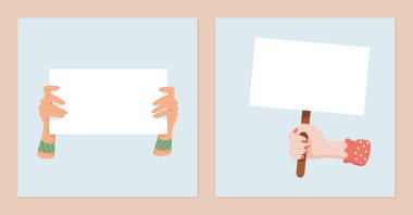 Farklı ellerde protesto için boş tabelalar ve pankartlar var. Bu sosyal medya şablonu, cemiyetin dayanışması ve boş posterlerle güçlendiğini gösteren insanları vurguluyor..