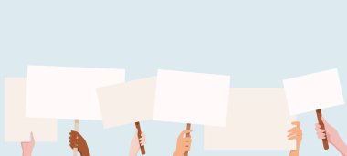 Çeşitli eller boş protesto pankartları ve tabelaları tutuyor. İnsanlar gösteriye katılıyor, afişleri yükseğe kaldırıyorlar. Bu sahne topluluktaki birlik ve kolektif gücü temsil ediyor..
