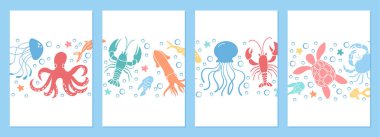 Underwater marine life poster illustration with vibrant sea creatures and coral reefs. Colorful oceanic design template and backgrounds create a fantastic aquatic scene with lively characters. clipart