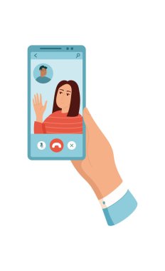 Görüntülü konuşma yapan bir kişi akıllı telefon tutar. Bir kullanıcı aygıt ekranı ile etkileşir. Cep telefonunda modern iletişimi gösteren bir görüntülü sohbet uygulaması var. Bu görsel biçim uyuyor