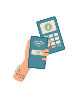 NFC ödemesi için telefon tutuyorum. Dijital bir cihazla yapılan para transferi jesti. Ekonomi ve finans bağlamları, düz stil, iş ve bankacılık uygulamaları için ideal.