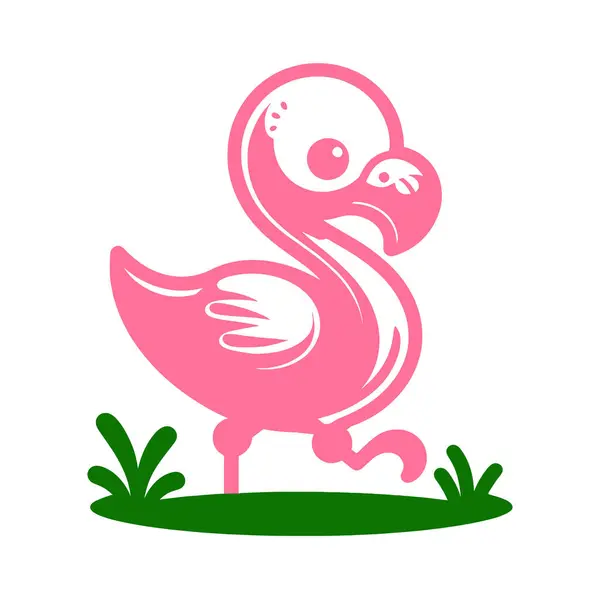 Yeşil çimen vektör sanatıyla sevimli pembe bebek flamingosu