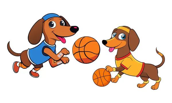 Dachshund ve onun köpek yavrusu basketbol vektör resim tasarımı ile oynuyorlar.