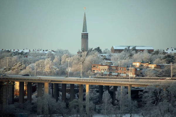 Paisaje Río Edificios Centro Estocolmo Día Nevado Invierno Estocolmo Suecia — Foto de Stock