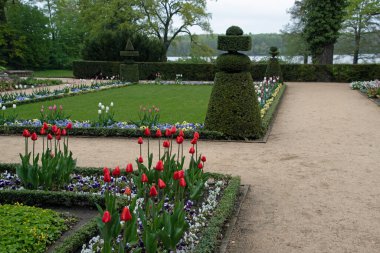 Potsdam Brandenburg Almanya 'sındaki Schloss Ceclienhof şatosunun süs bahçesi.