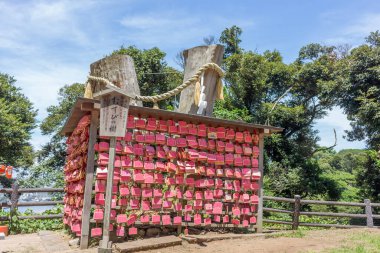 Ema wooden prayer plaques, Enoshima island, Fujisawa, Kanagawa prefecture, Japan.