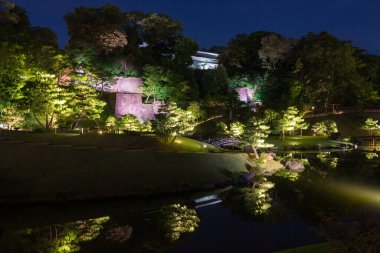 Night view of the Gyokuseninmaru Garden, Kanazawa Castle Park, Japan.