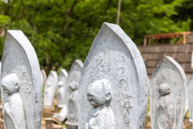 Stone statues of Ojizou san, protector of children, Hanibe caves, Ishikawa, Japan.