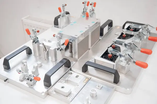 Güvenli parça tutuşu için özel kelepçe ve sapları değiştiren hassas mühendislik ürünü jig