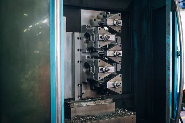 Metal çalışma mekanizması: bir bilgisayarın sayısal kontrol (CNC) değirmen makinesinin faaliyet halinde yakın çekimi