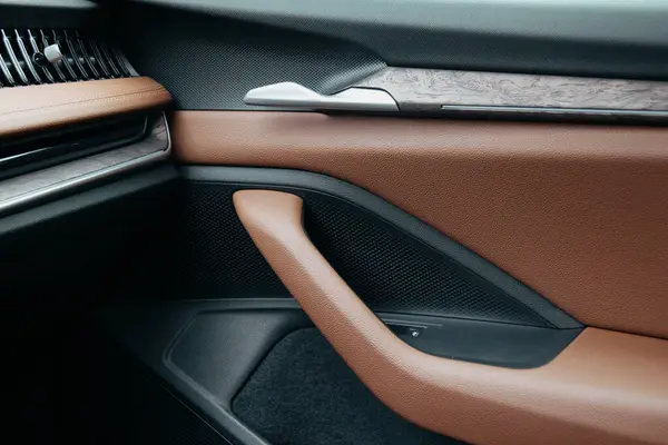 İçi kahverengi deri kaplama, mat siyah hoparlör ve zarif ve şık bir görünüm için fırçalanmış metal süsleme aksanlı lüks bir araç kapısına yakın durun..