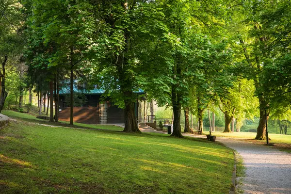 Parkta, yemyeşil çimenler, olgun ağaçlar ve bir patika olan sakin bir açık hava sahnesi. Merdiveni olan ahşap bir kulübe insan varlığı katıyor..